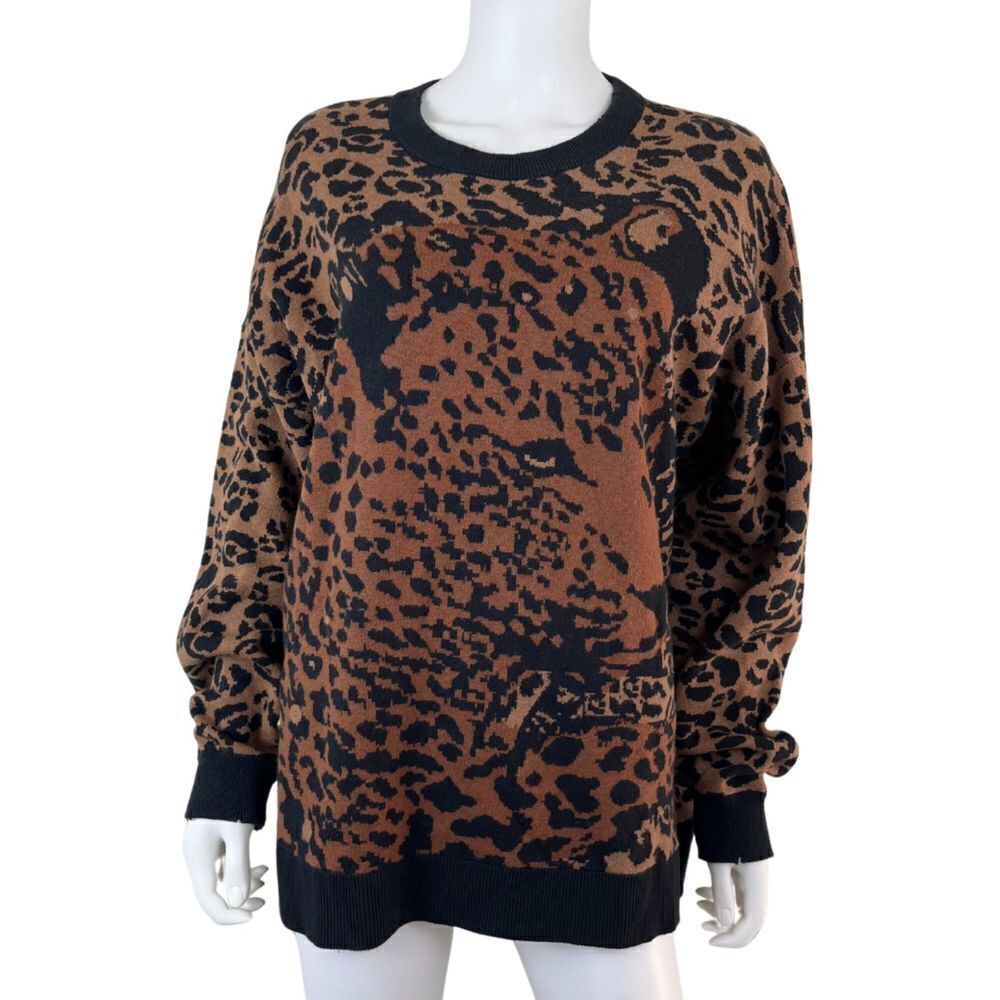 Show Me Your Mumu Womens Size S Scout Leopard Knit Distressed Cotton Sweater